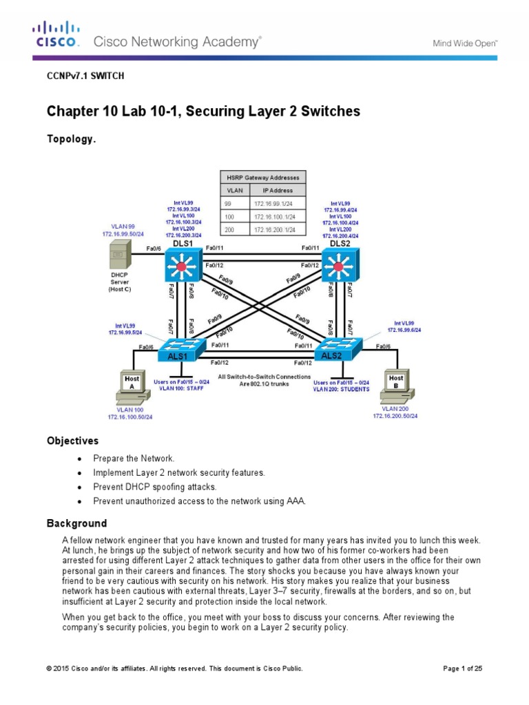 Chapter 10 Lab 10-1, Securing Layer 2 Switches: Topology | PDF | Radius ...