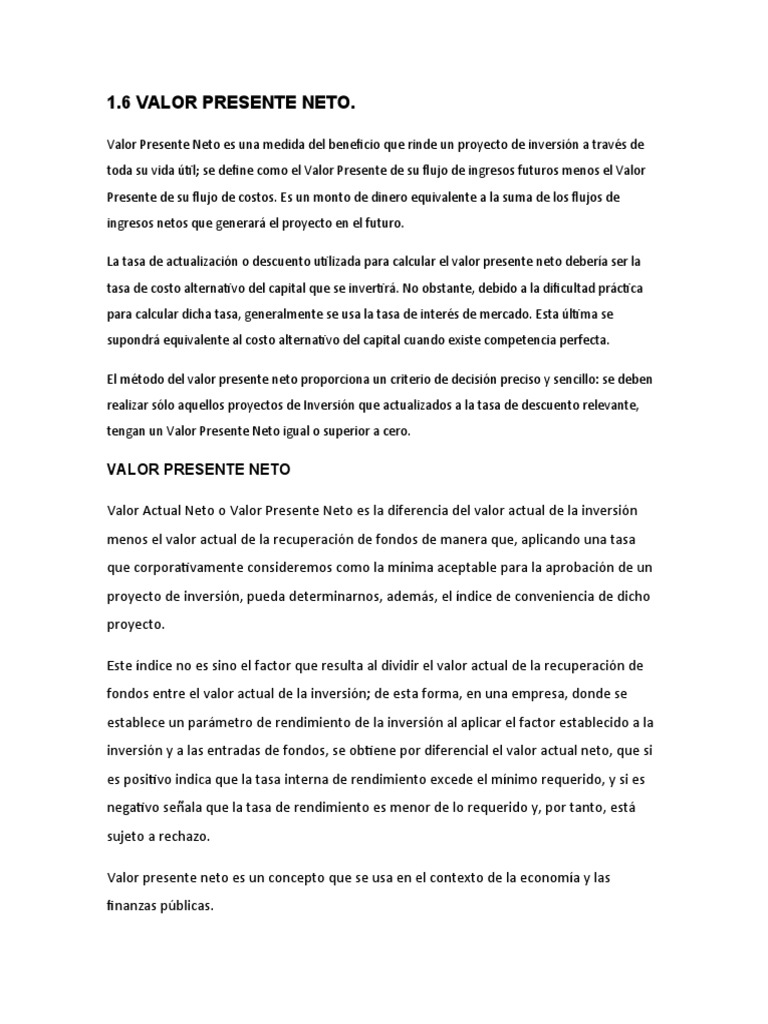 Conceptos y Cálculo del Valor Presente Neto | PDF | Valor presente neto ...