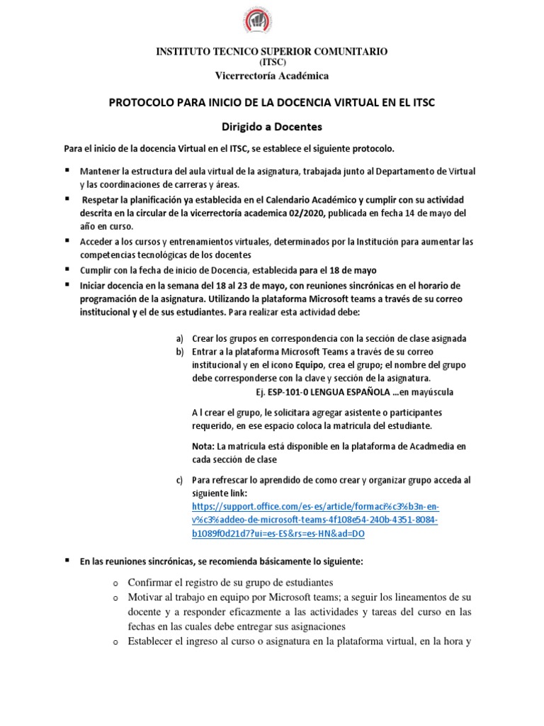Protocolo Docencia Virtual ITSC 2023 | PDF | Maestros | Comunicación