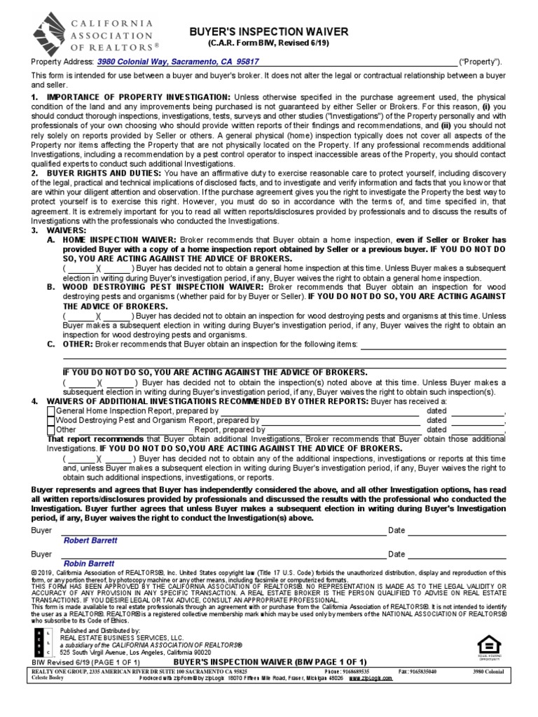 Buyers Inspection Waiver 619 ts66483 PDF PDF National Association