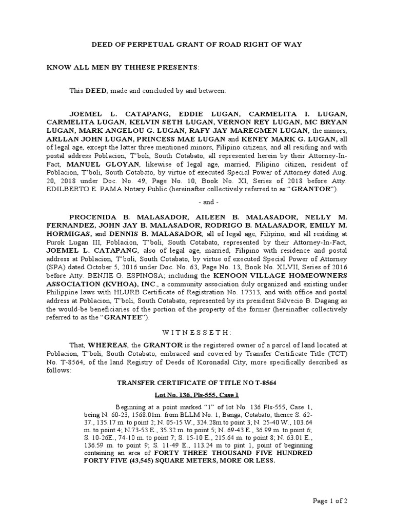 Deed of Perpetual Grant of Road Right of Way | PDF | Power Of Attorney ...