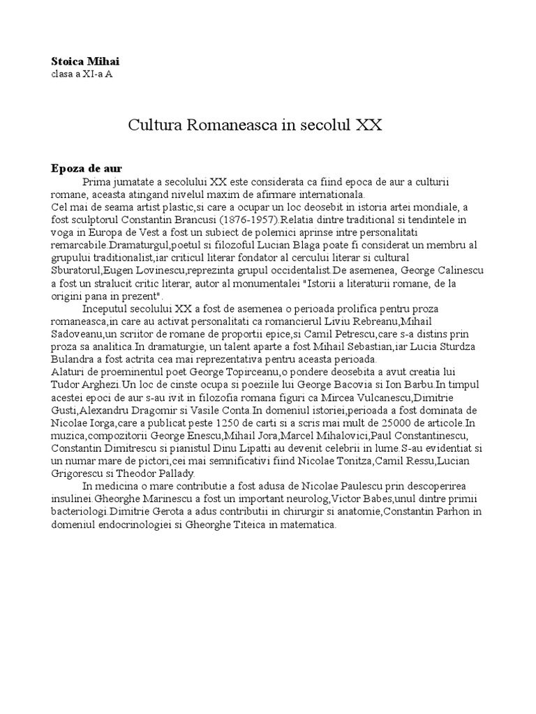 Cultura Romaneasca In Sec Xx