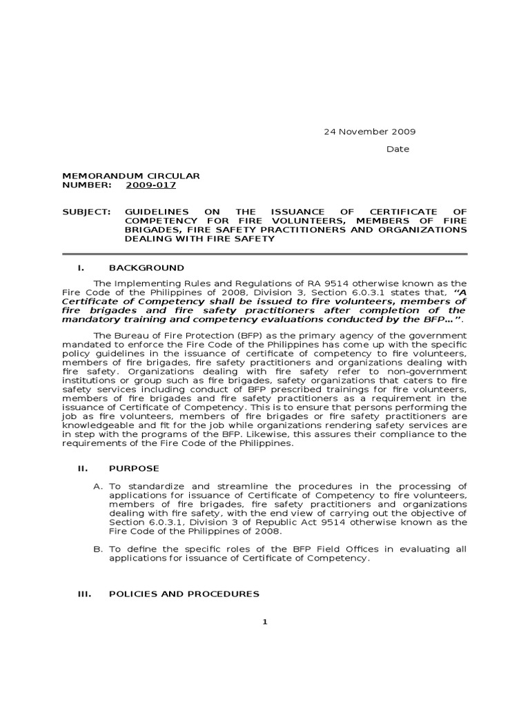 Guidelines in The Issuance of Cetificate of Competency For Fire