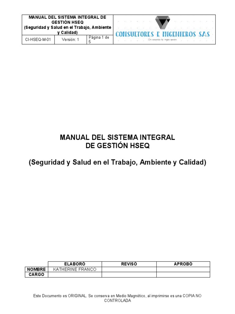 CI-HSEQ-M-01 Manual Del Sistema Integral de Gestion | PDF | Calidad ...