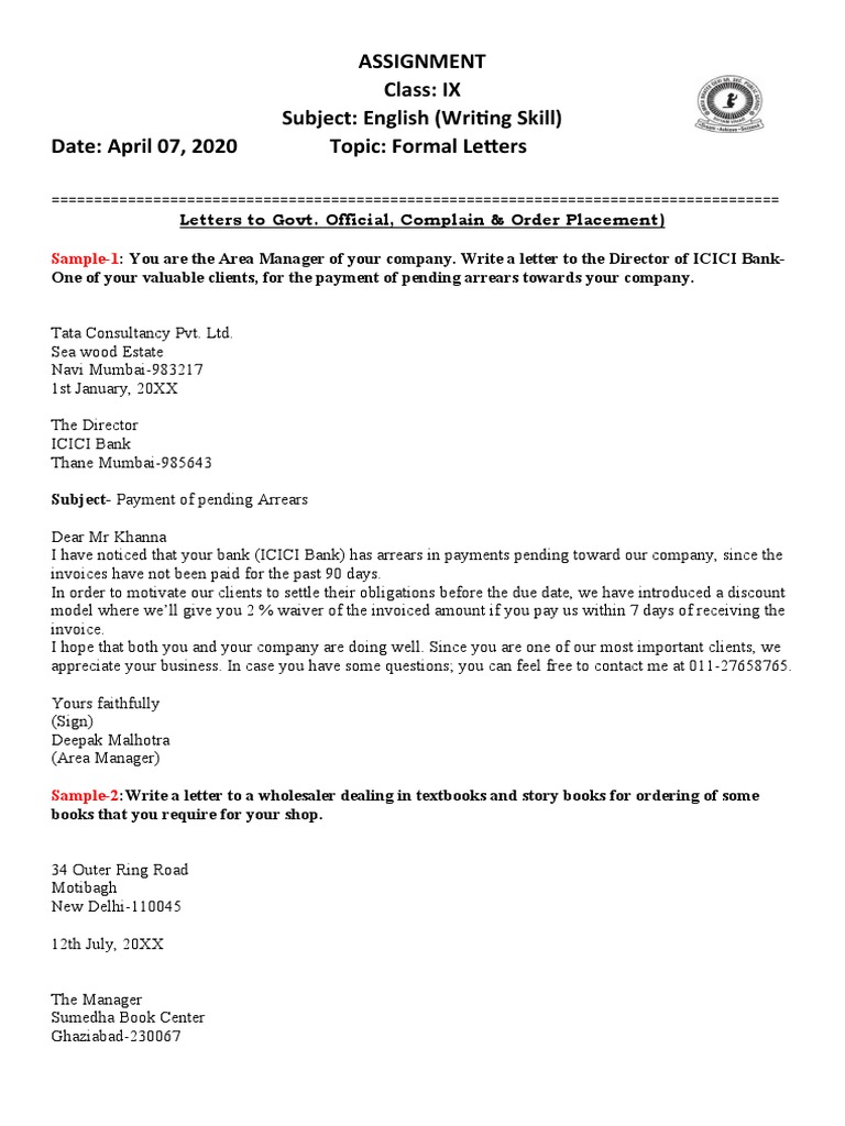work assignment letter format