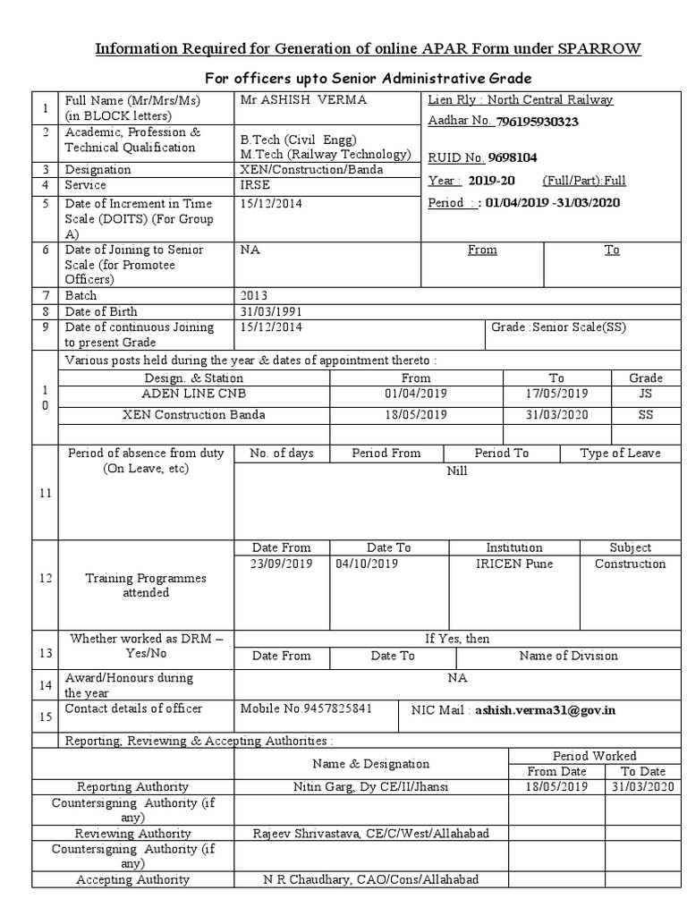 Information Required For Generation of Online APAR Form Under SPARROW