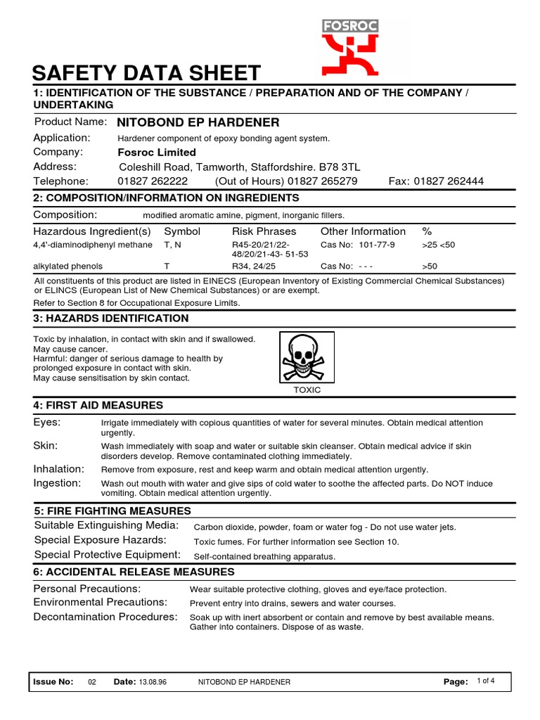 Safety Data Sheet Nitobond Ep Hardener PDF Occupational Safety And