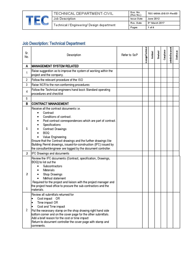 Civil Technical Department Job Description | PDF | Architect ...