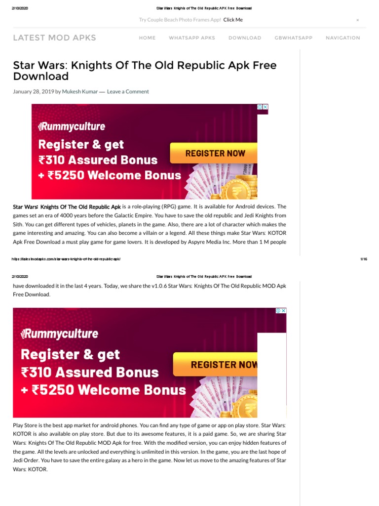 Star Wars Knights of The Old Republic APK Download Free PDF Google