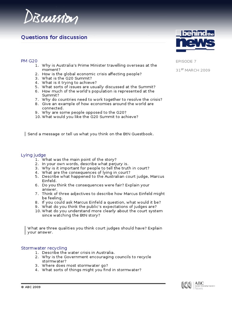 Questions For Discussion: Episode 7 31 MARCH 2009 | PDF | Social Science