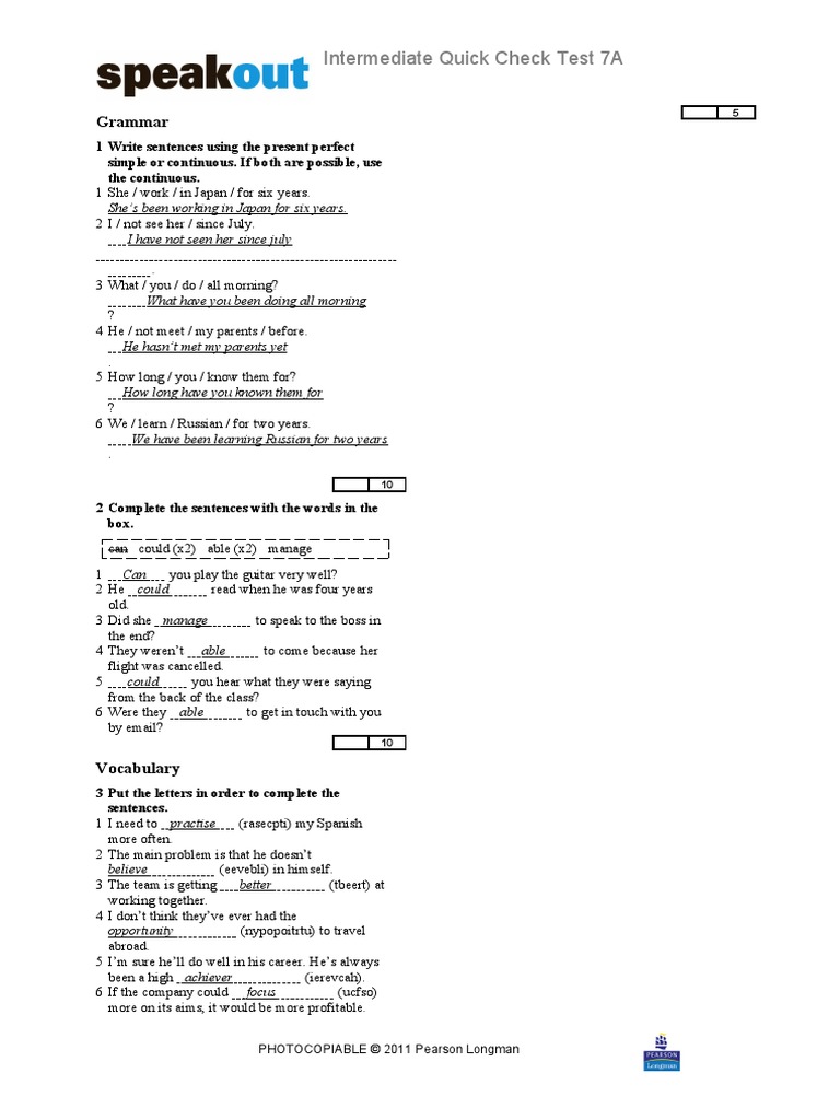 Intermediate Quick Check Test 7A: Grammar | PDF | Communication | Learning