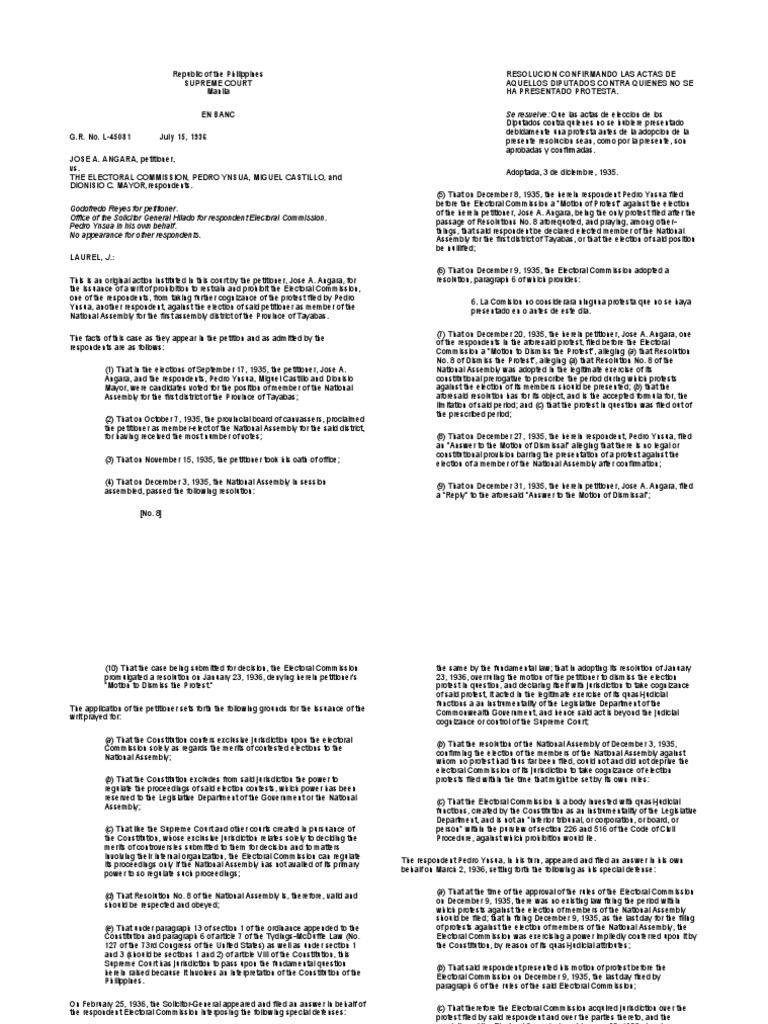 Angara vs. Electoral Commission Ruling | PDF | Constitution | Supreme ...