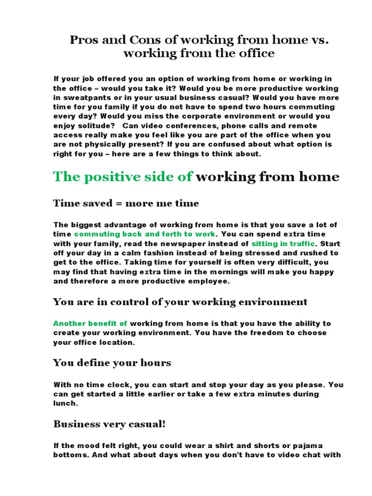 Pros and Cons Working from Home vs. the Office PDF