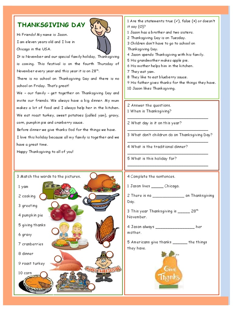 thanksgiving day reading comprehension exercises tests - 62423