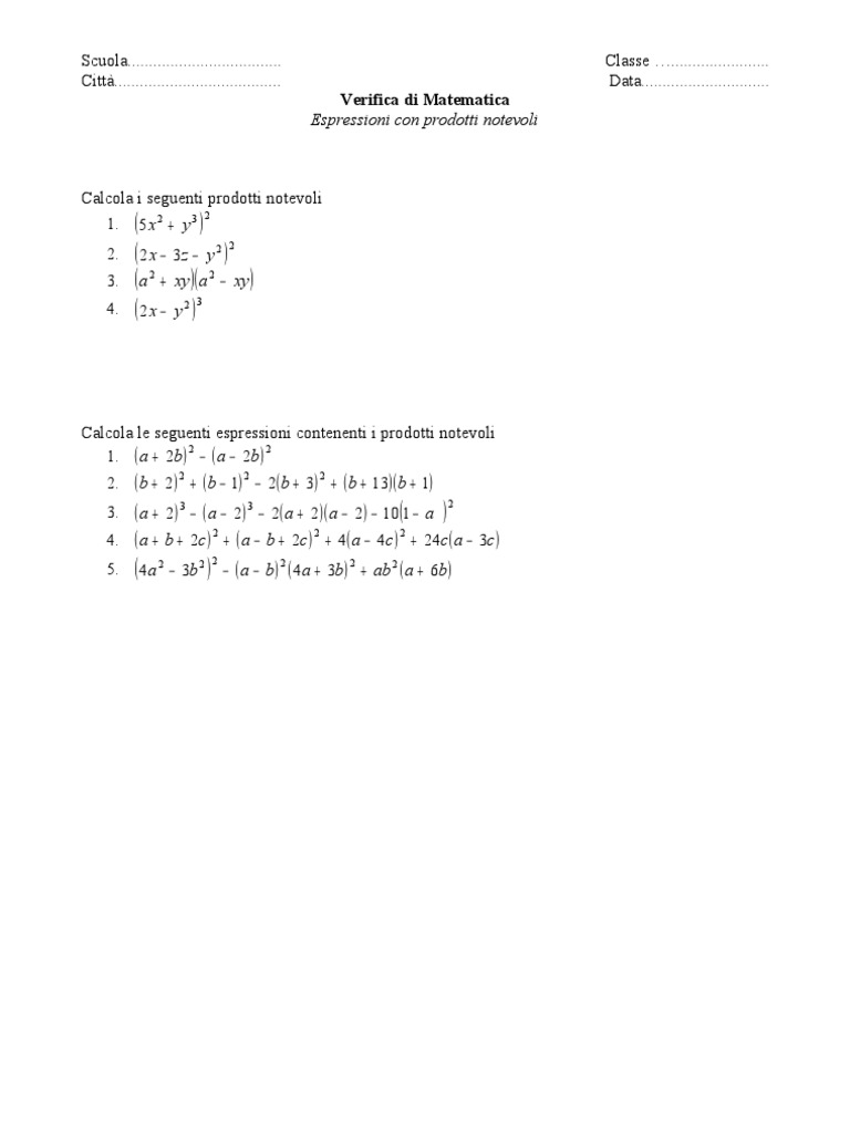 Espressioni Con Prodotti Notevoli Esercizi Pdf