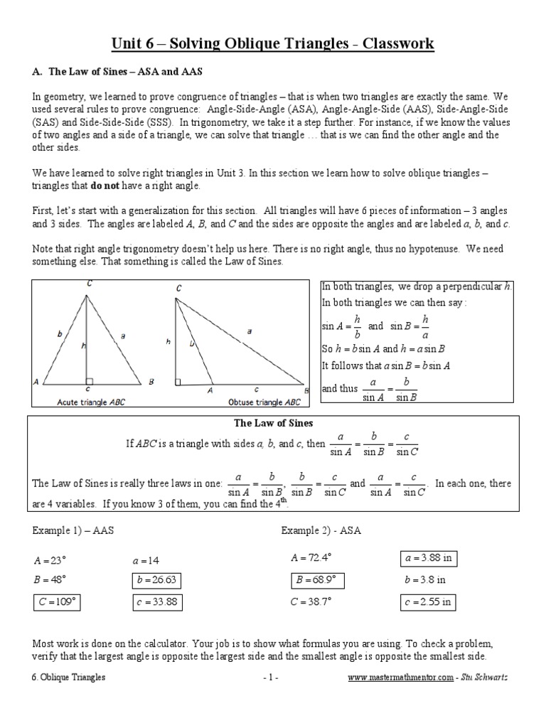 Unit 6 - Solving Oblique Triangles - Classwork: A. The Law of Sines ...