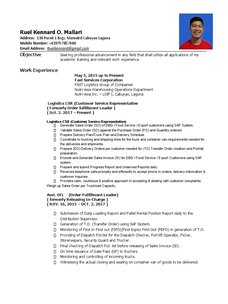 Ruel Kennard O. Mallari Objective Work Experience PDF Logistics