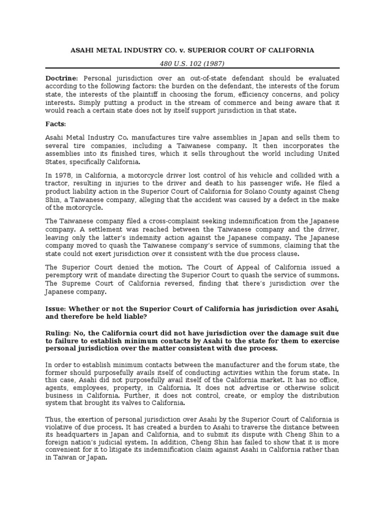 010 Asahi Metal Industry Co. v. Superior Court of California - Benitez |  PDF | United States Law | Judiciaries