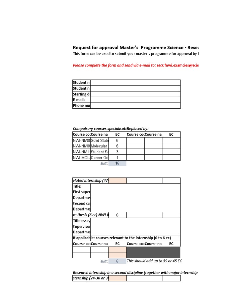Request For Approval Master's Programme Science - Research: Physics of ...