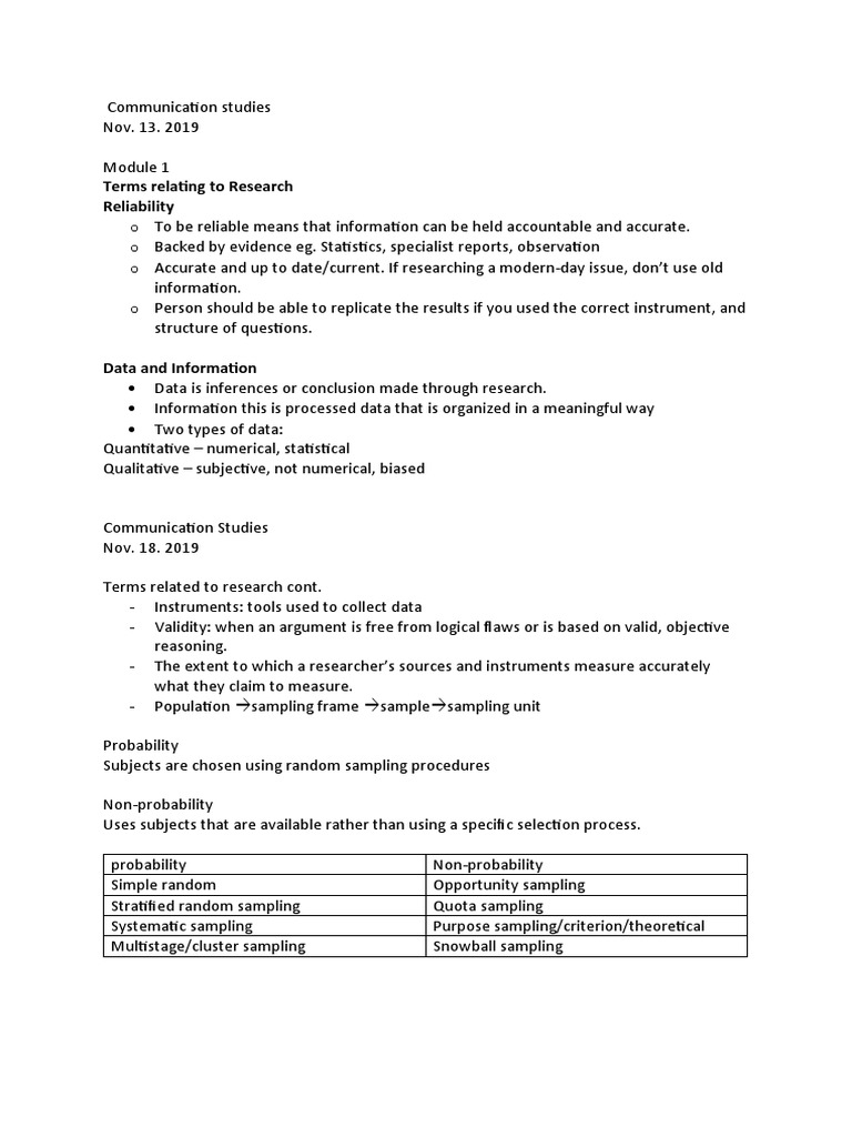 Communication Studies Notes | PDF | Sampling (Statistics) | Focus Group
