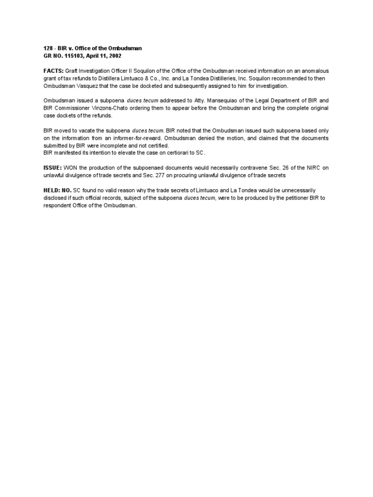 128 - BIR v. Office of The Ombudsman | PDF