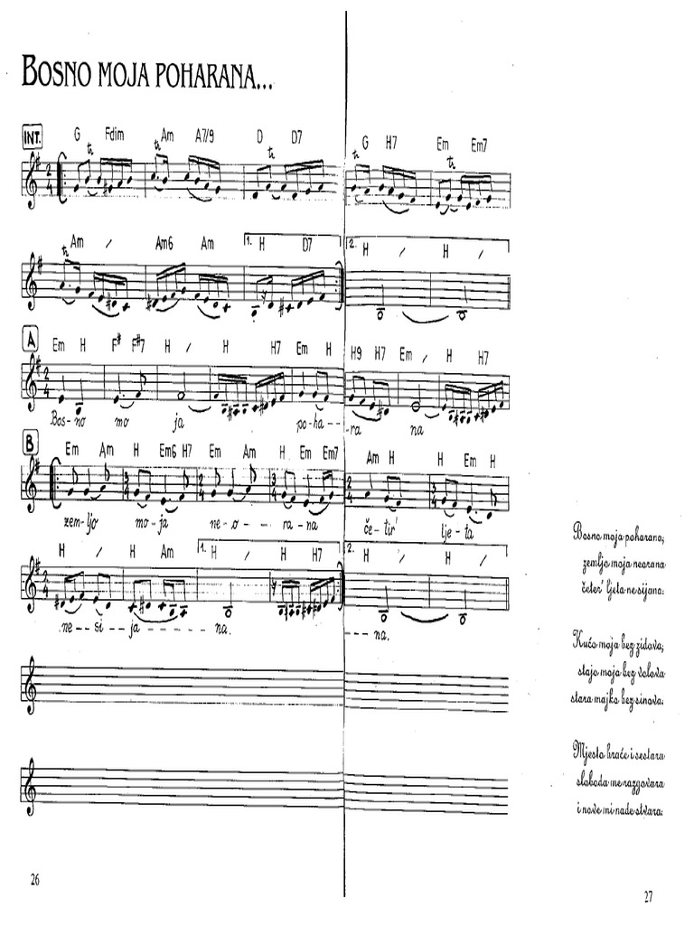 Bosno Moja Poharana Sevdalinka Note