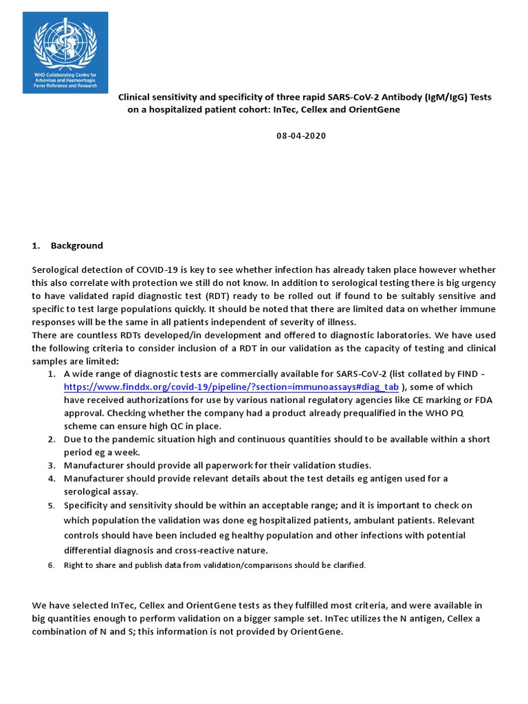 WHO Clinical Sensitivity and Specificity of Three RDTs - Report ...
