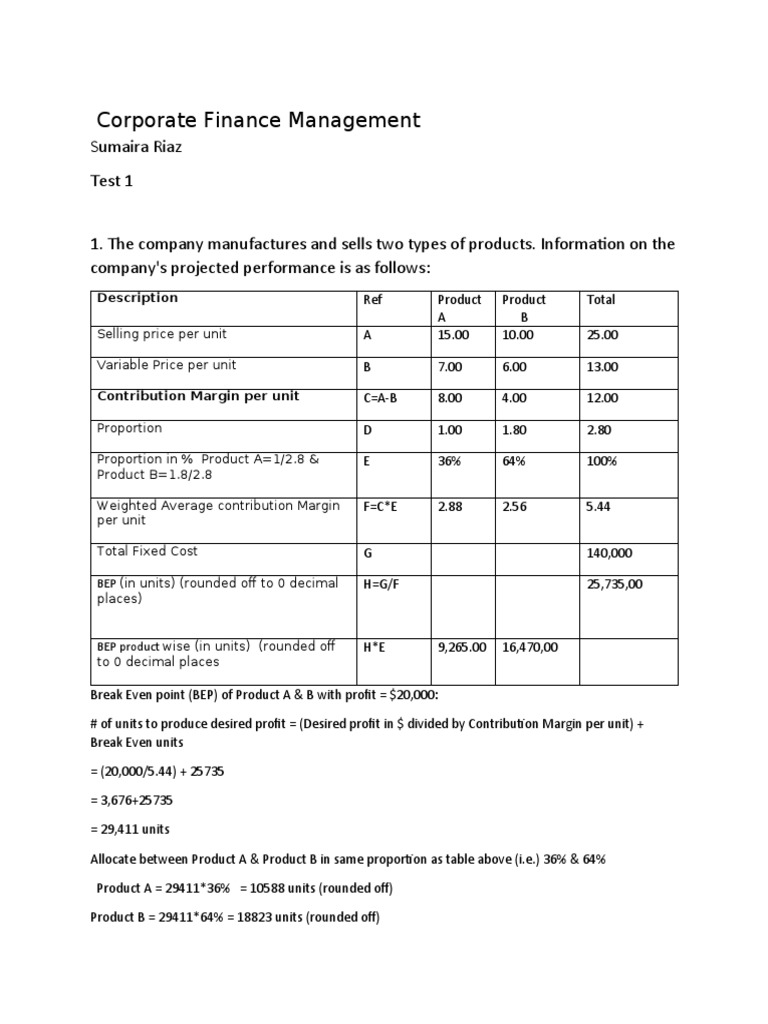 Corporate Finance Management: Sumaira Riaz Test 1 | Download Free PDF ...
