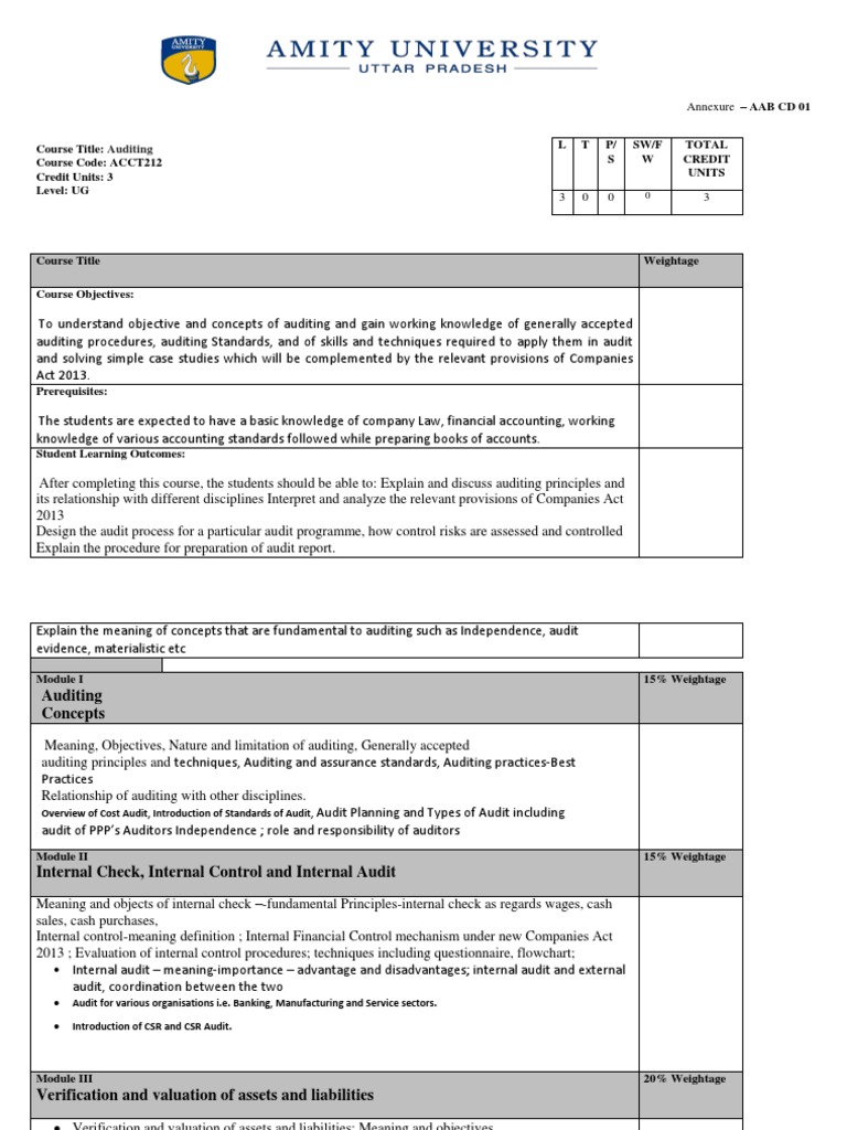 Auditing: Course Title: Course Code: ACCT212 Credit Units: 3 Level: UG ...