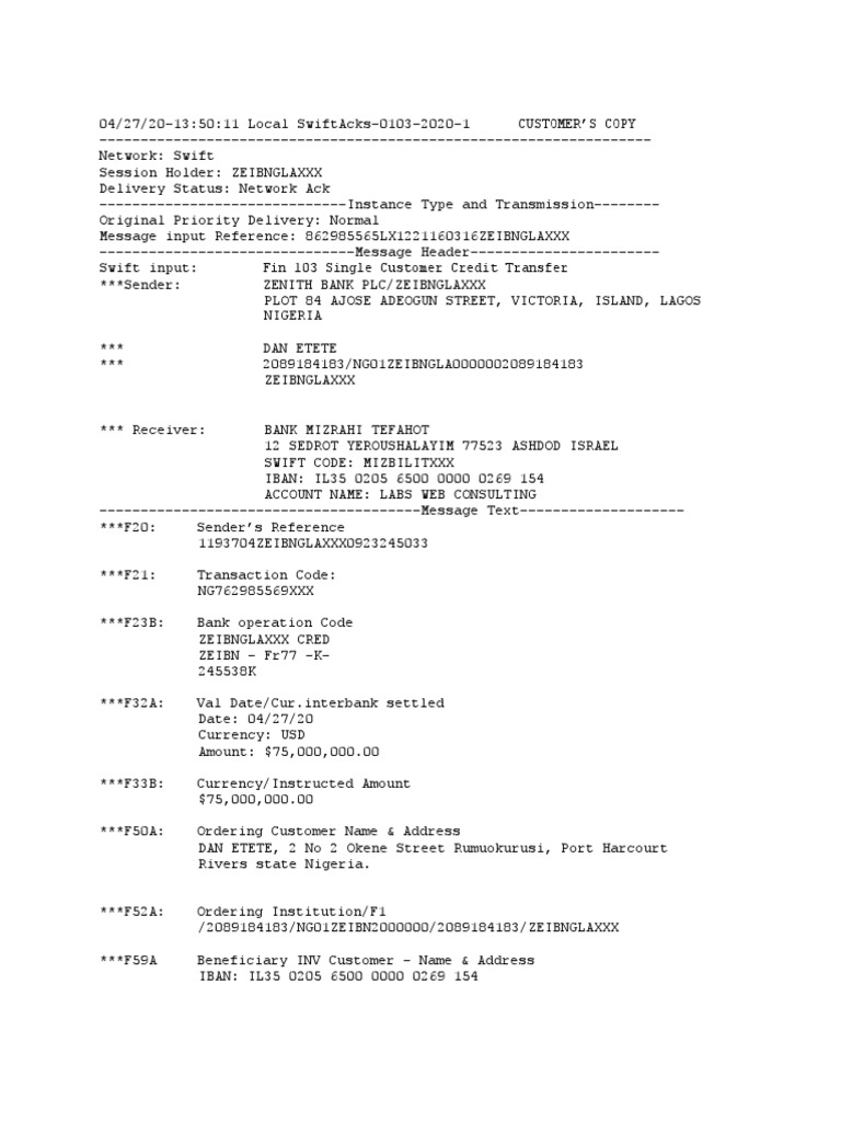 Swift Transfer Receipt Sample | PDF | Banking | Financial Technology