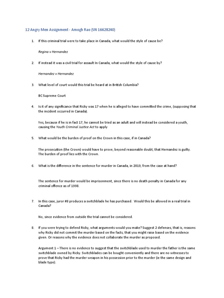 12 Angry Men Assignment | PDF | Burden Of Proof (Law) | Evidence