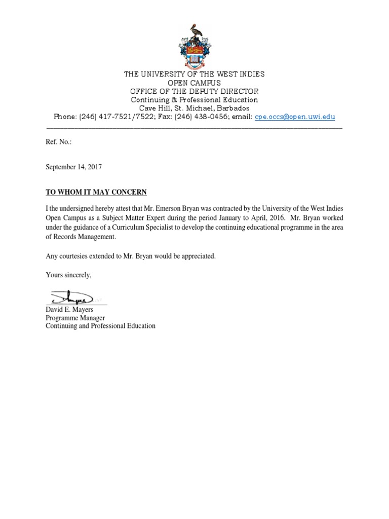 UWI Employment Verification Letter | PDF | Wellness