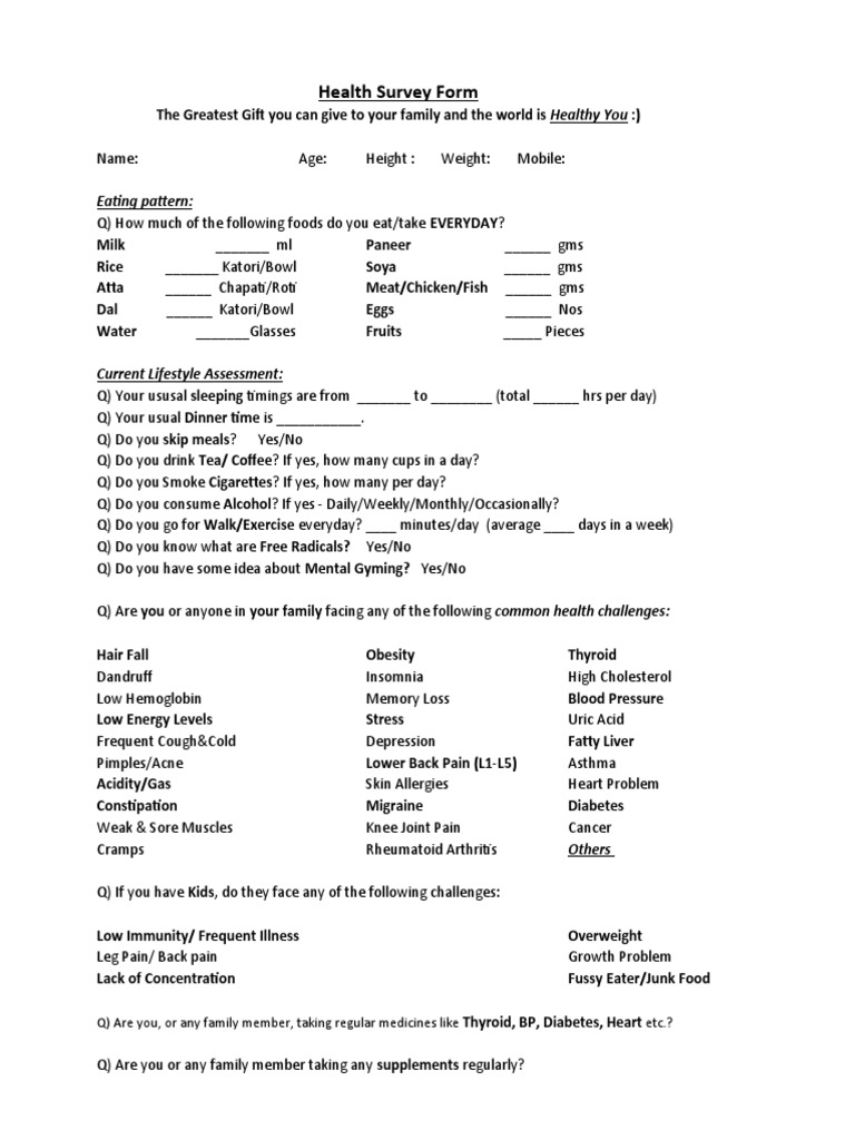 Comprehensive Health Survey Form | PDF | Obesity | Diabetes