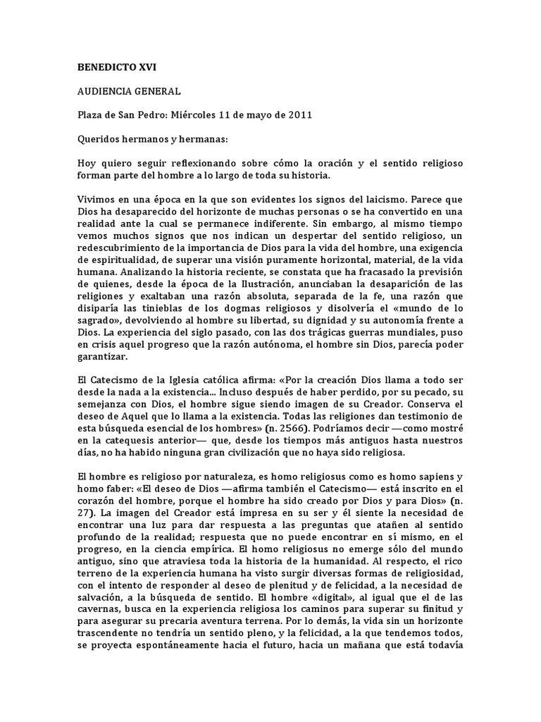 La Oración y el Sentido Religioso | PDF | Papa Benedicto Xvi | Dios