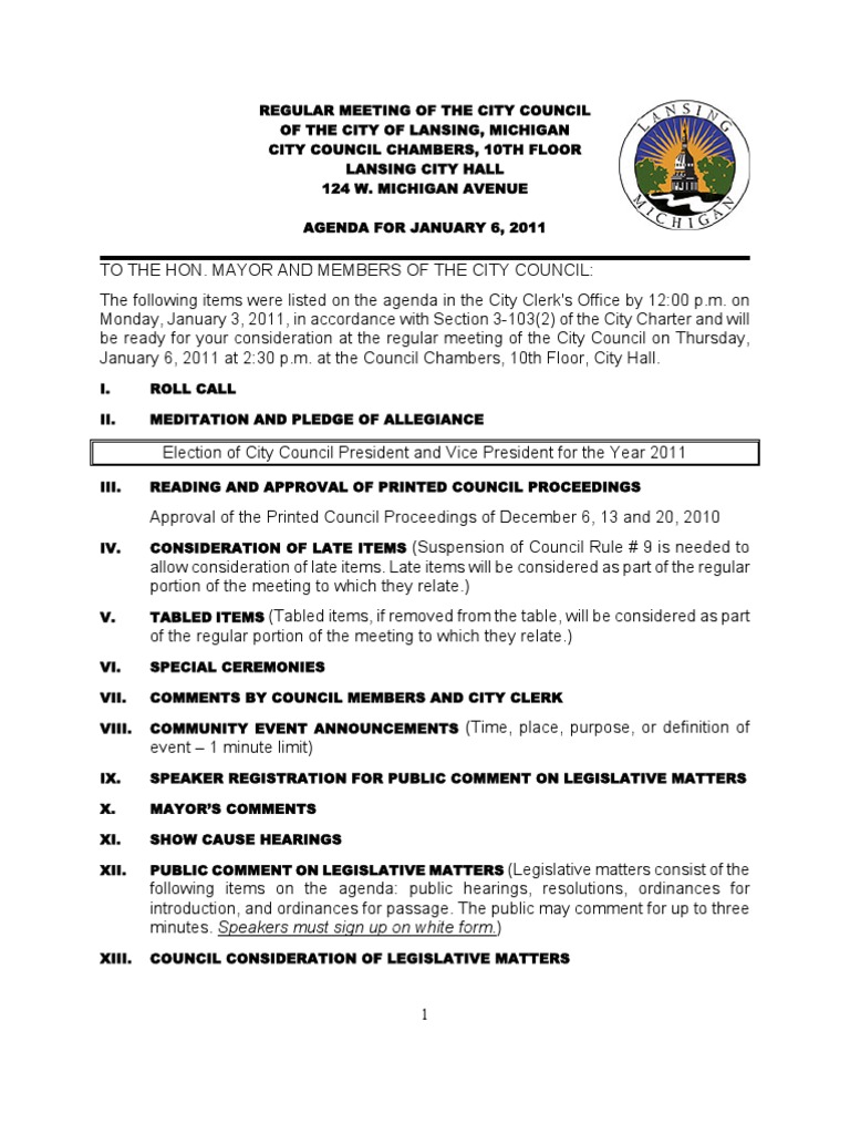 Lansing (MI) City Council Info Packet For Jan. 6, 2011 Meeting PDF