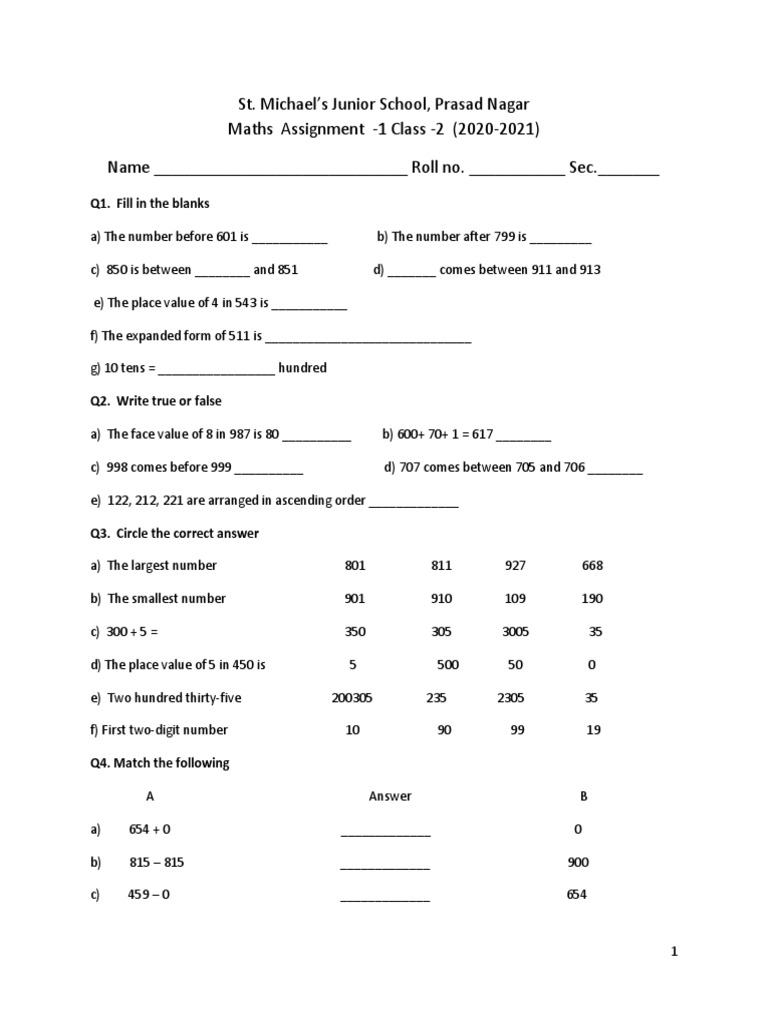 Class 2 Maths Assignment 2020-21 | PDF | Teaching Mathematics