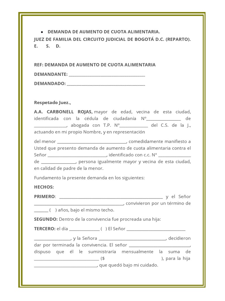 Demanda de Aumento de Cuota Alimentaria | Descargar gratis PDF