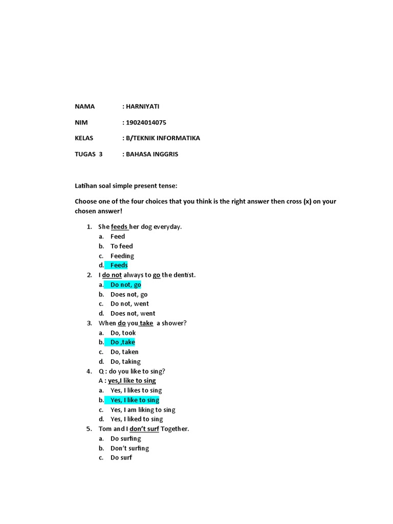 Simple Present Tense Quiz Exercises | PDF