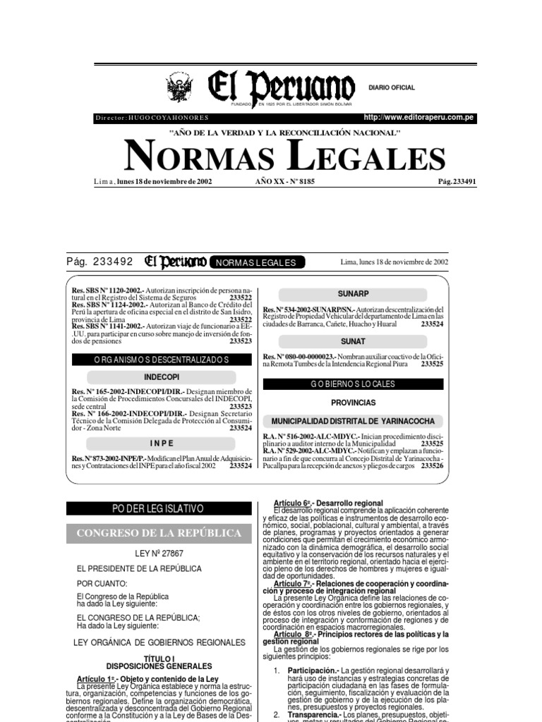 Ley 27867 Ley Organica de Gobiernos Regionales PDF Administración