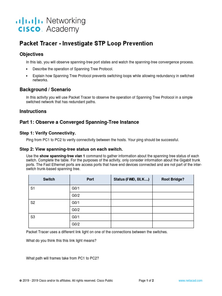 5 1 9 packet tracer investigate stp loop prevention pdf