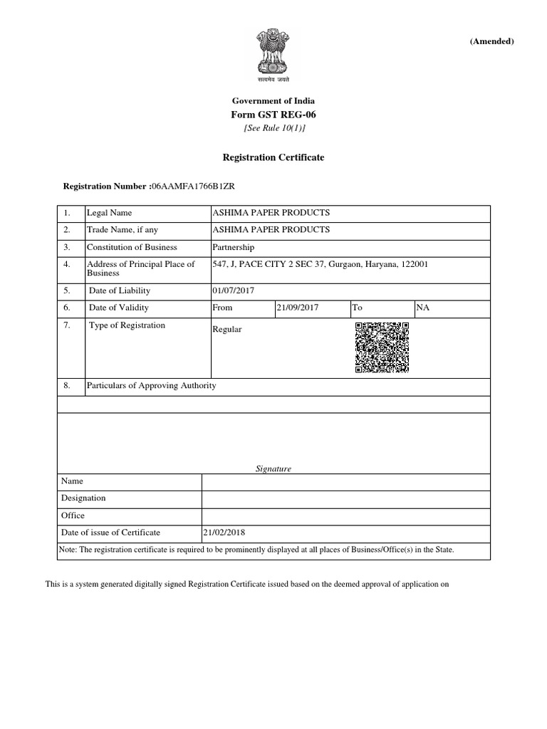 [TITLE] Amended Registration Certificate for Ashima Paper Products | PDF