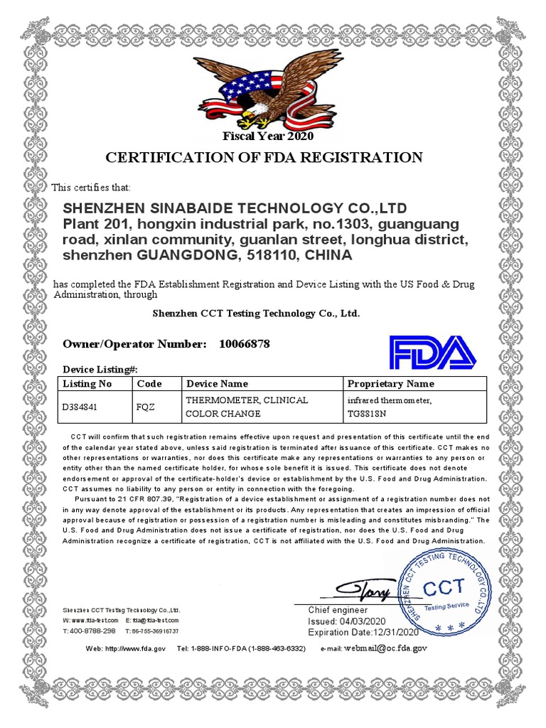 Certification of Fda Registration | PDF | Food And Drug Administration ...