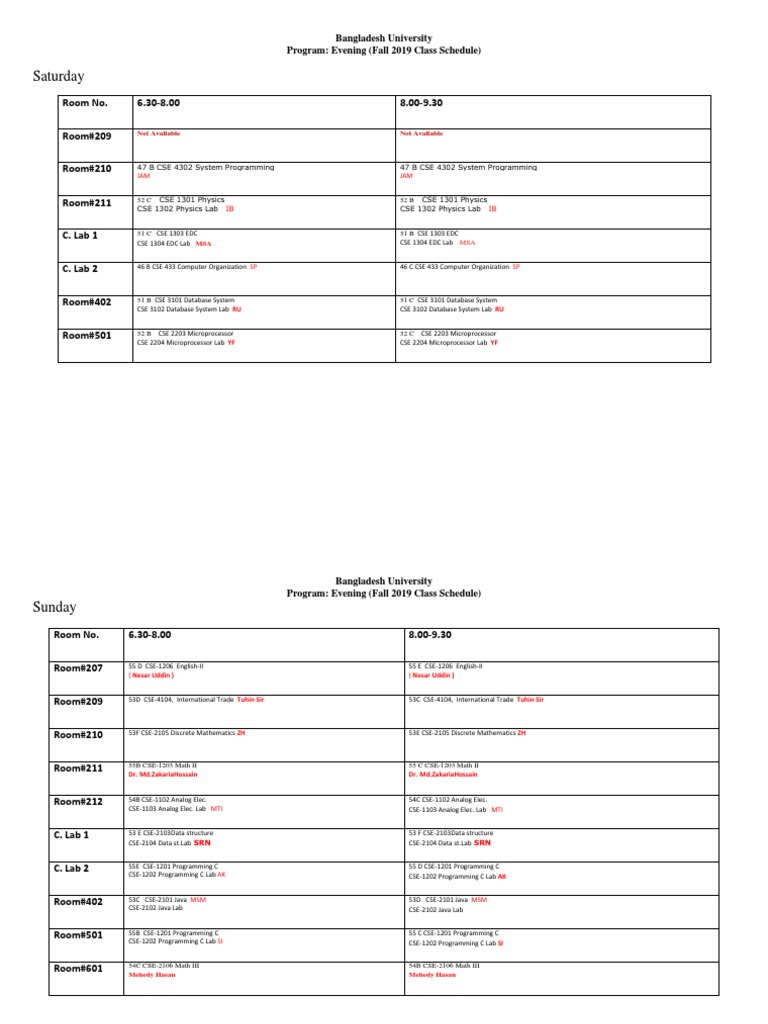 Evening - Class Routine - CSE - Fall 2019 | PDF | Digital Technology ...