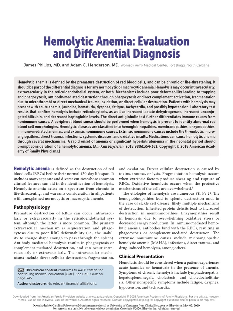 Hemolytic Anemia Evaluation and Differential Diagnosis PDF Anemia