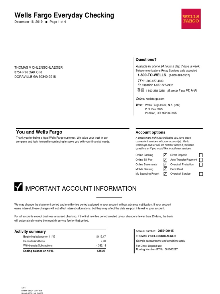 Wells Fargo Everyday Checking: Important Account Information | PDF ...