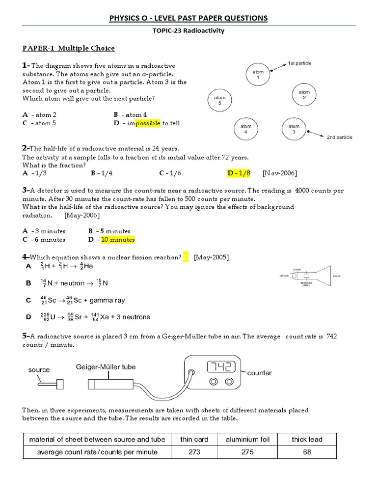 Level Past Paper Questions - Physics O: TOPIC-23 Radioactivity PAPER-1 ...