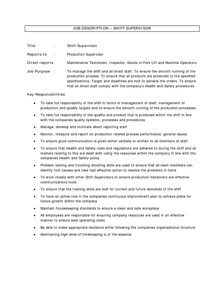 Job Description Shift Supervisor PDF Occupational Safety And