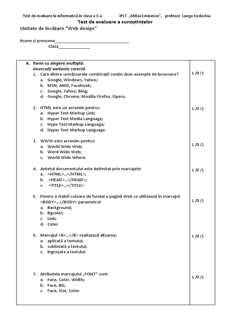 Test de Evaluare A Cunoștințelor HTML-elev | PDF