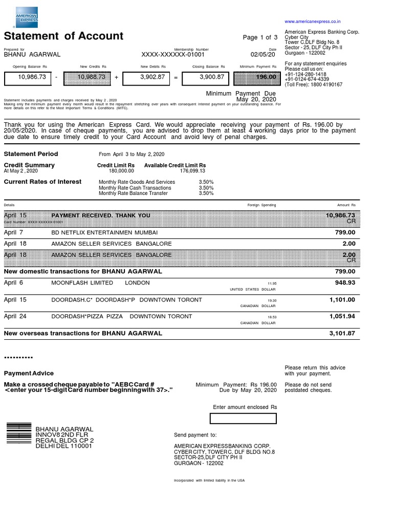 An Insightful Analysis of Bhanu Agarwal's American Express Statement