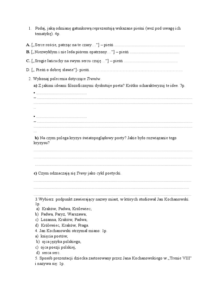 Jan Kochanowski Test Klasa 7